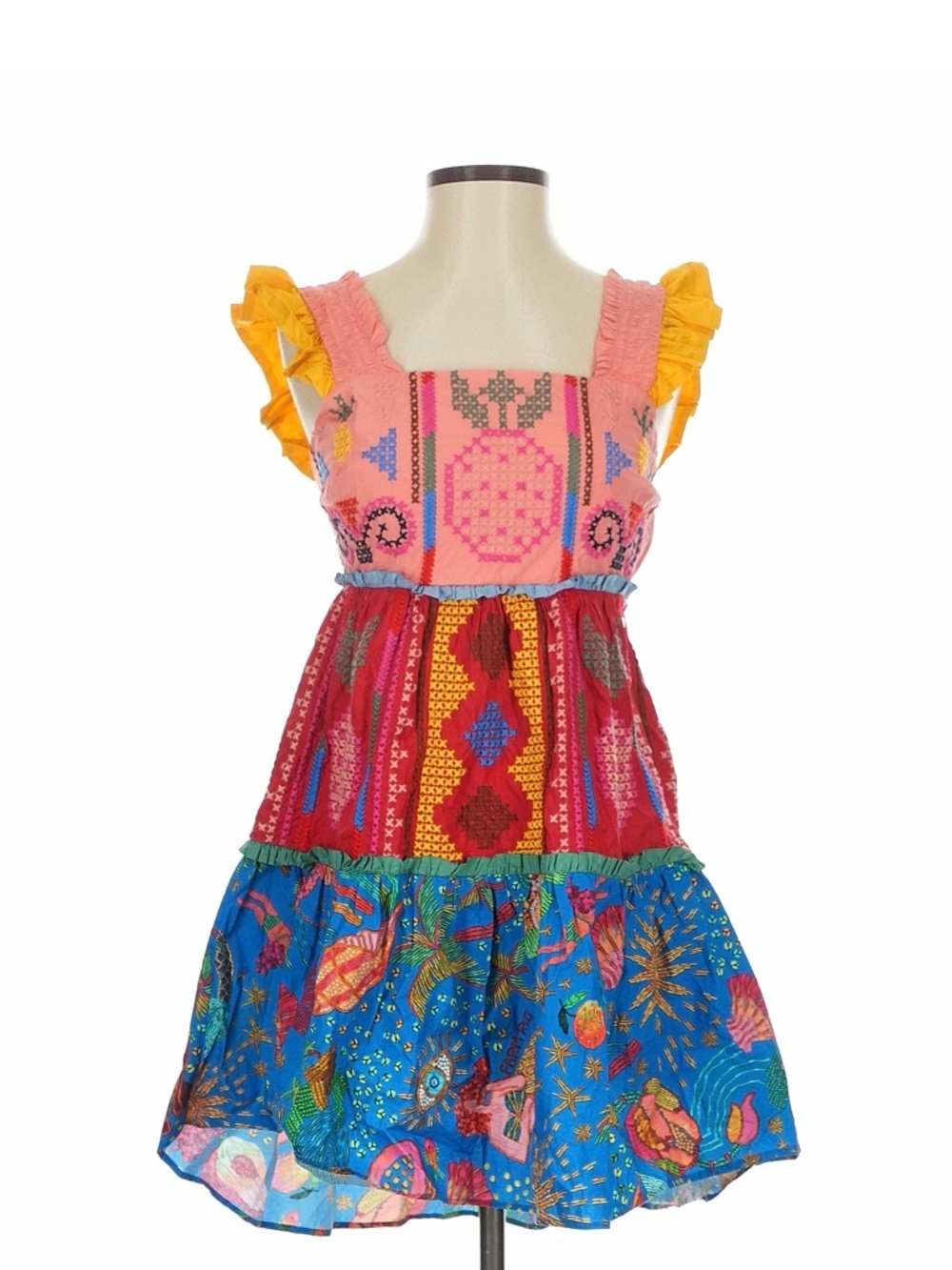 Women’s Farmrio Patchwork Ruffle-Shoulder colorful dress